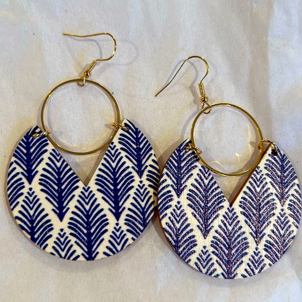 Blue and White Painted Wooden Earrings